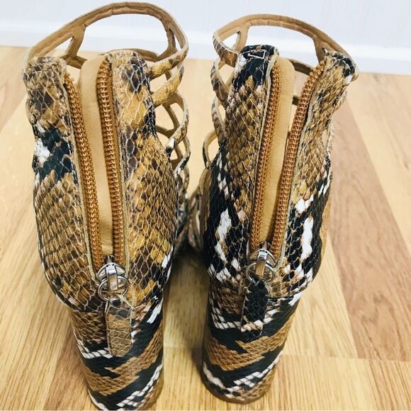SCHUTZ Juliana Leather Caged Block Heel Sandal Snake Embossed Tan Black Size 7.5 - Picture 10 of 14